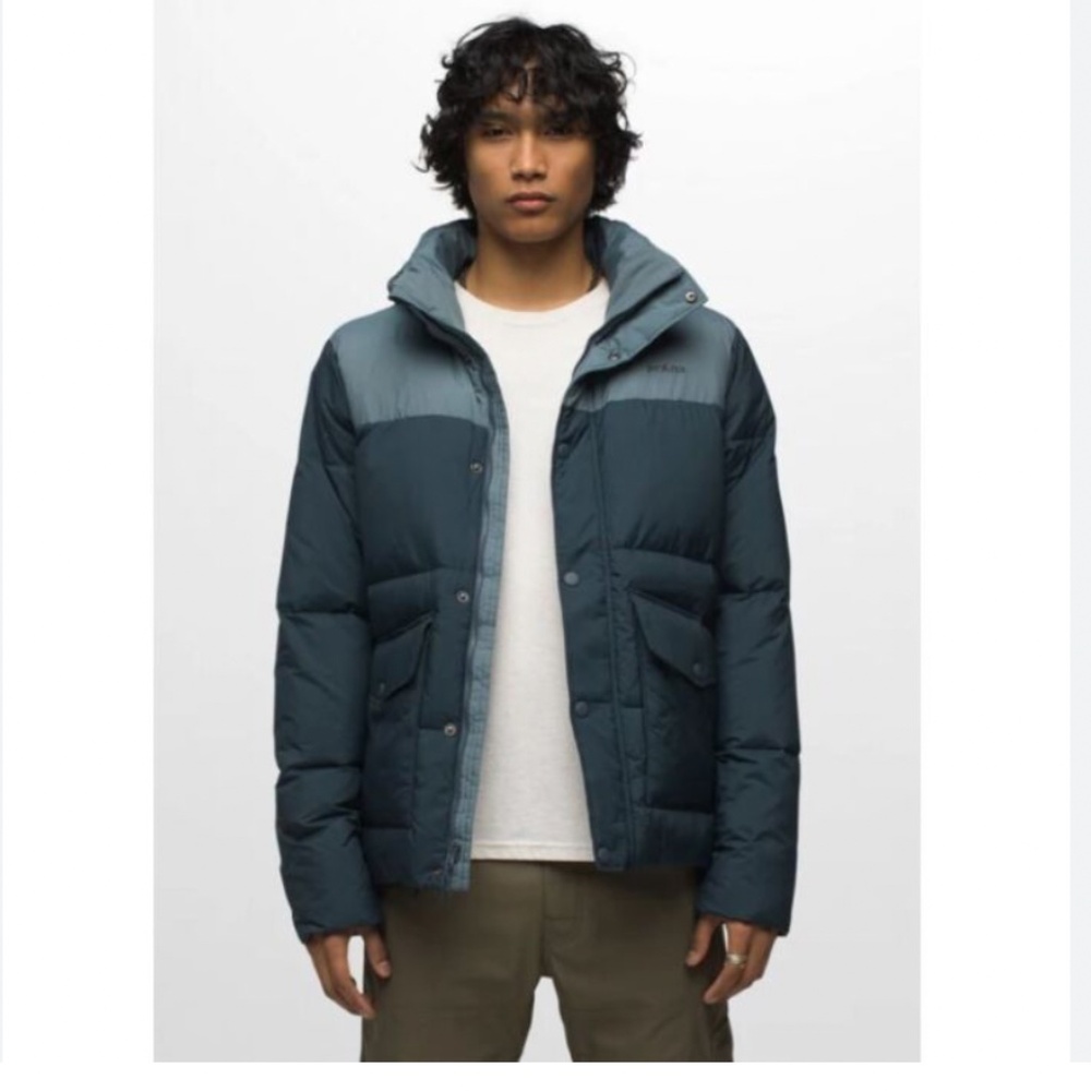 prAna Timber Trail Jacket Mens Medium Blue Down Fill Removable Hood